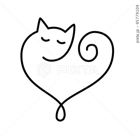 Hand drawn christmas love monoline heart logo sign with cat. Vector Romantic illustration symbol wedding. Calligraphy Design flat element of valentine day. For greeting card 95779109