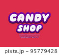 Trendy banner Candy Shop with 3d bubble letters. White violet colors alphabet and numbers on red background 95779428