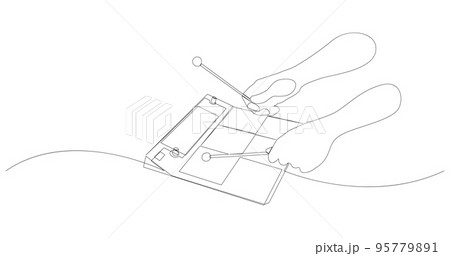 Continuous drawing of a person playing electronic drum pad with sticks. Hands holding drum sticks close up. Vector illustration. 95779891