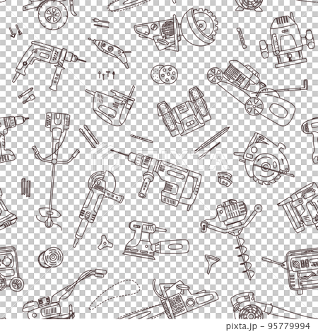 Line icon style seamless vector pattern of hand power repair tools. Black worker equipment and accessories. 95779994