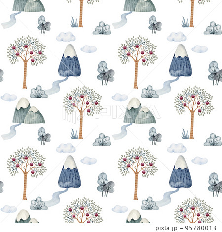 seamless pattern with nature, trees and garden....のイラスト素材 [95780013 ...