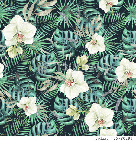 seamless pattern of tropical palm leaves and orchid flowers on a dark background, watercolor seamless pattern of tropical palm leaves and orchid flowers on a dark background, watercolor 95780299