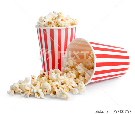 Buckets of tasty pop corn isolated on white Buckets of tasty pop corn isolated on white 95780757