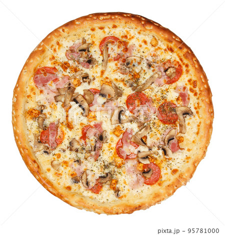 Delicious classic italian pizza with Mozzarella, ham, pepperoni sausage and mushrooms Delicious classic italian pizza with Mozzarella, ham, pepperoni sausage and mushrooms 95781000