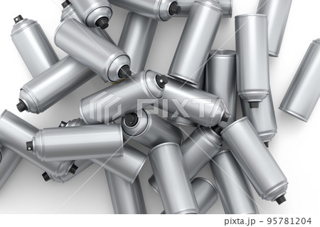 Lots of flying spray paint cans on white background. Spray bottle and dispenser 95781204
