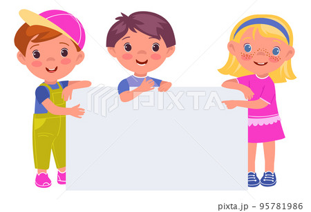 Children with banner. Little boys and girls hold blank surface. Happy activists showing rectangular billboard. Preschool kids standing with placard. Smiling teenagers. Vector illustration 95781986