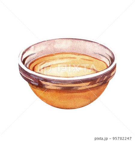 Oil in bowl watercolor hand drawn isolated. Glass transparent colourless container extra virgin vegetable salad dressing. Single icon, realistic style. Cosmetic bottle liquid essential collagen serum 95782247