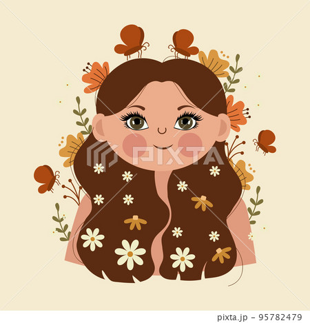 Portrait of a cute girl with long hair in flowers, fairy. Illustration, vector 95782479