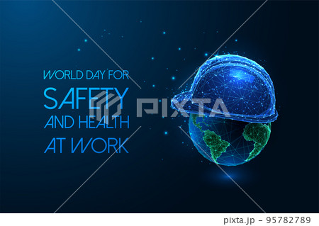 World Day for Safety and Health at Work concept web banner with construction helmet and Earth Globe 95782789