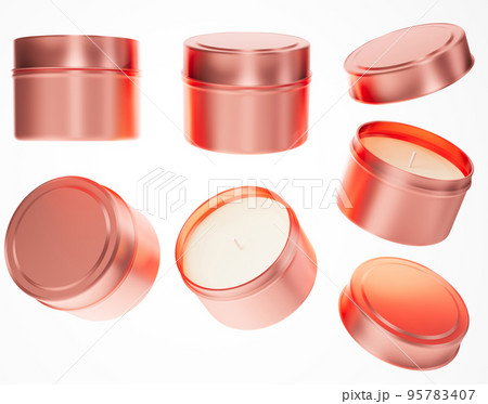 Travel candle in copper metal jar with lid 3D render mock-up, different views of candle box isolated on white background design ready template 95783407