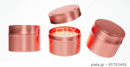 Travel candle in copper metal jar with lid 3D render mock-up, different views of candle box isolated on white background design ready template 95783408
