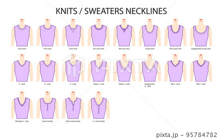 Set of necklines knits and sweaters clothes - collars, tops, blouses, dresses crew neck technical fashion illustration Set of necklines knits and sweaters clothes - collars, tops, blouses, dresses crew neck technical fashion illustration 95784782