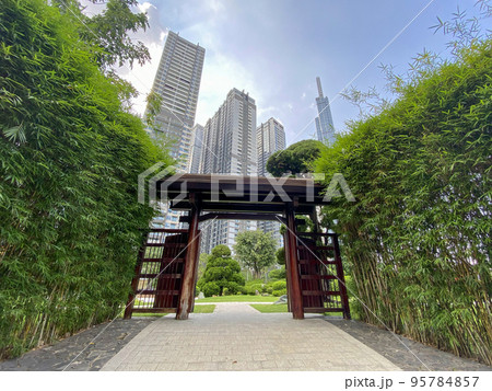 view of wood gate in Vinhome Central Park near Landmark 81 and other high apartment view of wood gate in Vinhome Central Park near Landmark 81 and other high apartment 95784857