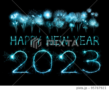 2023 happy new year fireworks celebration written sparkling at night. 95787921