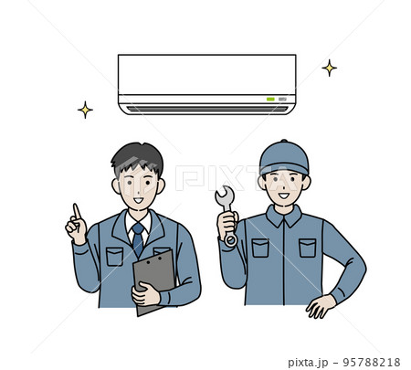 エアコン取付工事をする電気工事士の男性 空調工事のイラスト エアコン取付工事をする電気工事士の男性 空調工事のイラスト 95788218