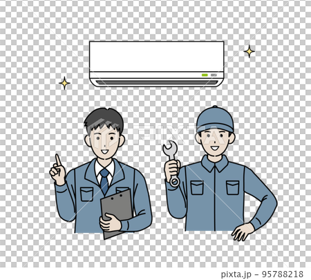 エアコン取付工事をする電気工事士の男性 空調工事のイラスト エアコン取付工事をする電気工事士の男性 空調工事のイラスト 95788218