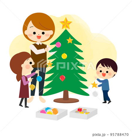 クリスマスツリーを飾り付ける女性と子供たち クリスマスツリーを飾り付ける女性と子供たち 95788470