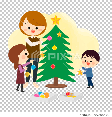 クリスマスツリーを飾り付ける女性と子供たち クリスマスツリーを飾り付ける女性と子供たち 95788470