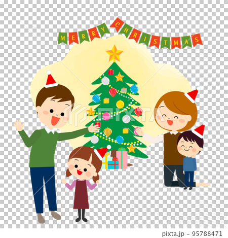 クリスマスツリーと楽しく話している親子 95788471