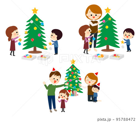 クリスマスツリーと準備をしている家族のセット 95788472