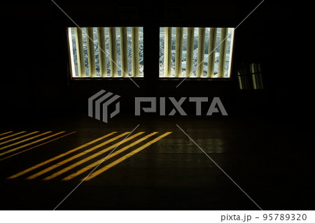 雪の日の彦根城天守閣に差し込む朝日 95789320