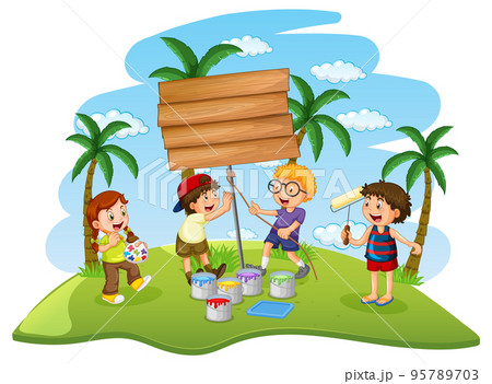 Happy children with wooden banner Happy children with wooden banner 95789703