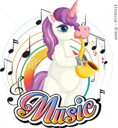 Cute purple unicorn blowing saxophone with music notes on white background Cute purple unicorn blowing saxophone with music notes on white background 95790318