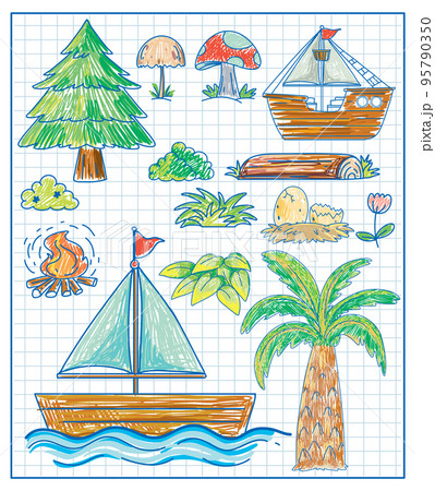 Kids hand drawn doodle ship and boat Kids hand drawn doodle ship and boat 95790350
