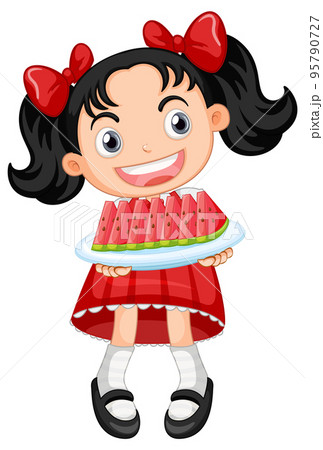Little cute girl holding watermelon sliced plate Little cute girl holding watermelon sliced plate 95790727