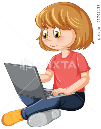 A girl using laptop cartoonのイラスト素材 [95791158] - PIXTA