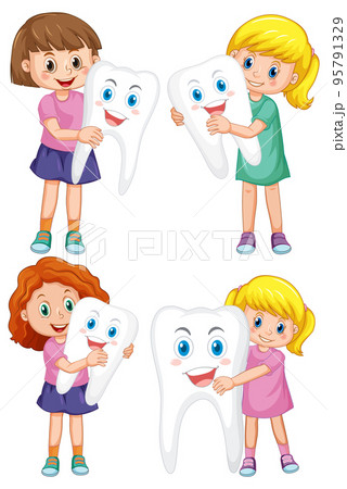 Set of happy kids holding a big tooth on white background Set of happy kids holding a big tooth on white background 95791329