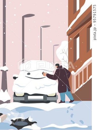 Person drawing smile on car covered with snow 95791575
