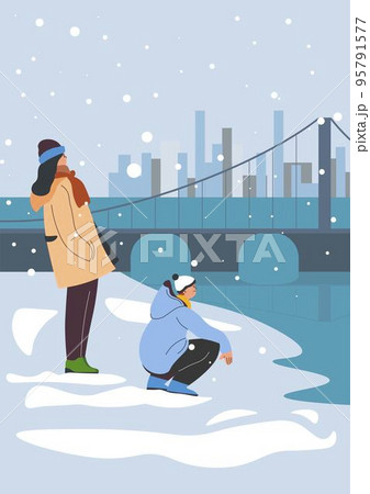 People enjoying winter lake landscape, cold frosty 95791577