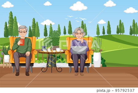 Senior couple relaxing in nature scene Senior couple relaxing in nature scene 95792537