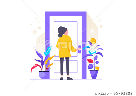 Young female character holding a door knob. Entering the building. Flat editable vector illustration, clip art 95793808
