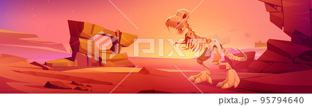 Dinosaur skeleton on nature landscape with rocks Dinosaur skeleton on nature landscape with rocks 95794640