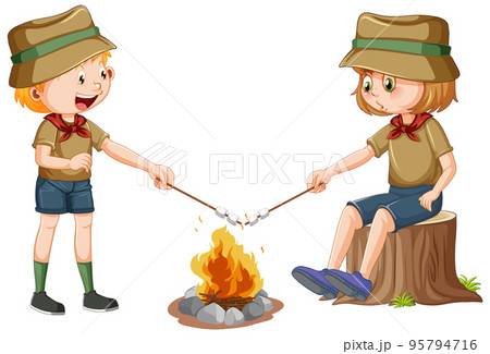 Camping children roasting marshmallow 95794716