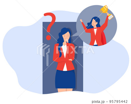 Imposter syndrome.woman standing for her present profile with fear after door . Anxiety and lack of self confidence at work; the person fakes is someone else concept Imposter syndrome.woman standing for her present profile with fear after door . Anxiety and lack of self confidence at work; the person fakes is someone else concept 95795442