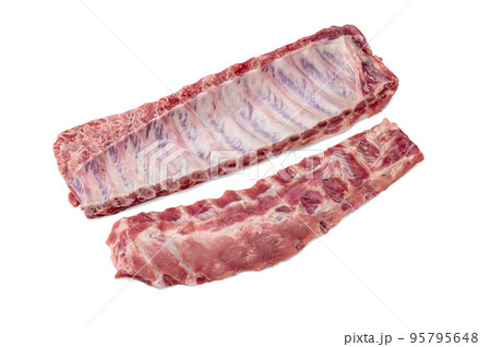 Raw meat, Whole raw pork ribs. Raw pork meat spare ribs or belly on white background. top view 95795648
