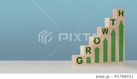 Growth economy. Target of investment and business growth concept. Ladder career path for business growth success process concept.Wood block stacking as step stair with arrow up Growth economy. Target of investment and business growth concept. Ladder career path for business growth success process concept.Wood block stacking as step stair with arrow up 95796031