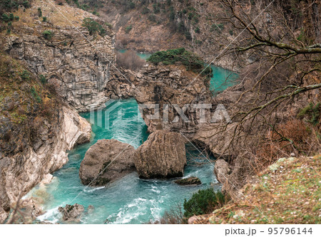River Moraca, canyon Platije. montenegro, canyon, mountain road. Picturesque journey along roads of Montenegro among rocks and tunnels 95796144