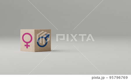 Gender difference, identity and equality concept. Male and female gender symbols on wooden cube. copy space Gender difference, identity and equality concept. Male and female gender symbols on wooden cube. copy space 95796769