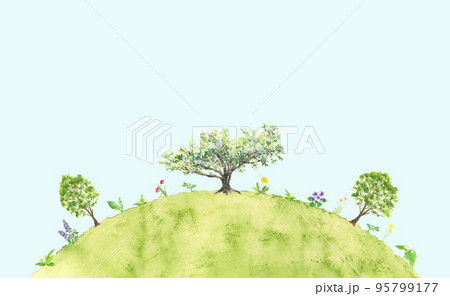水彩で描いた青空をバックに丘の上に大木と花のある風景 95799177