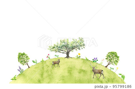 水彩で描いた丘の上の大木と花とのんびり寛ぐ鹿のいる風景 95799186