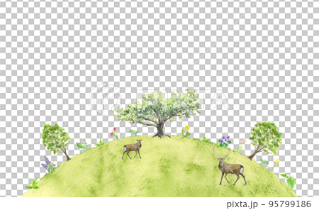 Landscape with deer relaxing with large trees and flowers on the hill painted by watercolor 95799186
