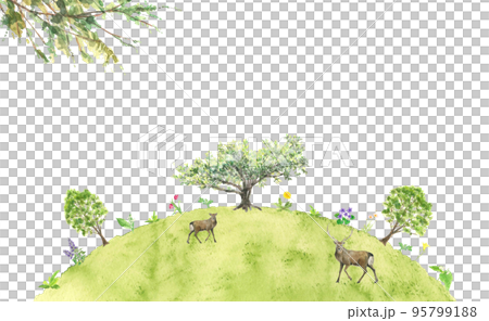 Landscape with deer relaxing with large trees and flowers on the hill painted by watercolor 95799188