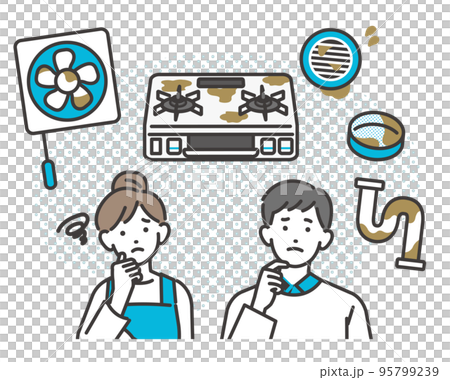 Vector illustration material about couples who suffer from kitchen troubles such as ventilation fans, gas stoves, and dirty drains 95799239