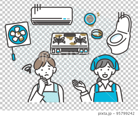 Vector illustration material of housewives and housekeeping agents who suffer from kitchen troubles such as ventilation fans, gas stoves, and dirty drains 95799242