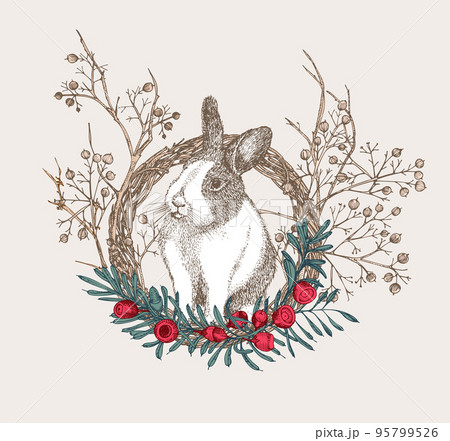 White rabbit with black spots around the eyes. Chinese New Year Symbol Hare. Seating bunny in christmas wreath. New year greeting card in warm color. Hand drawn Enaving sketch. Vector 95799526