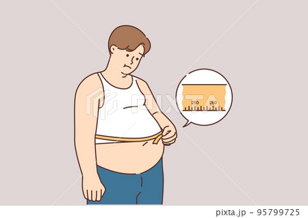 Unhappy fat man measure belly with tape  95799725